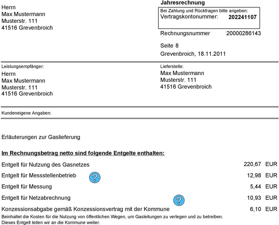 Konzessionsabgabe gemäß Konzessionsvertrag mit der Kommune Beinhaltet die Kosten für die Nutzung von öffentlichen