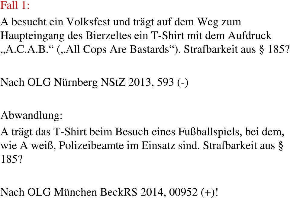 Nach OLG Nürnberg NStZ 2013, 593 (-) Abwandlung: A trägt das T-Shirt beim Besuch eines