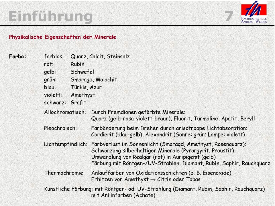 Cordierit (blau-gelb), Alexandrit (Sonne: grün; Lampe: violett) Lichtempfindlich: Farbverlust im Sonnenlicht (Smaragd, Amethyst, Rosenquarz); Schwärzung silberhaltiger Minerale (Pyrargyrit,