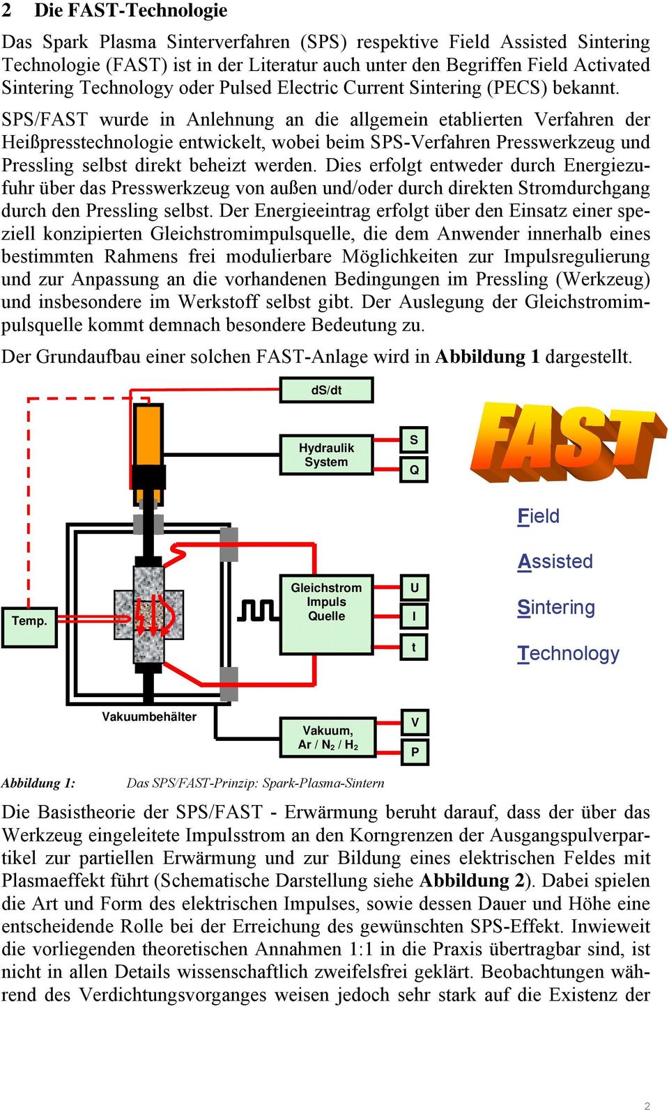 SPS/FAST wurde in Anlehnung an die allgemein etablierten Verfahren der Heißpresstechnologie entwickelt, wobei beim SPS-Verfahren Presswerkzeug und Pressling selbst direkt beheizt werden.