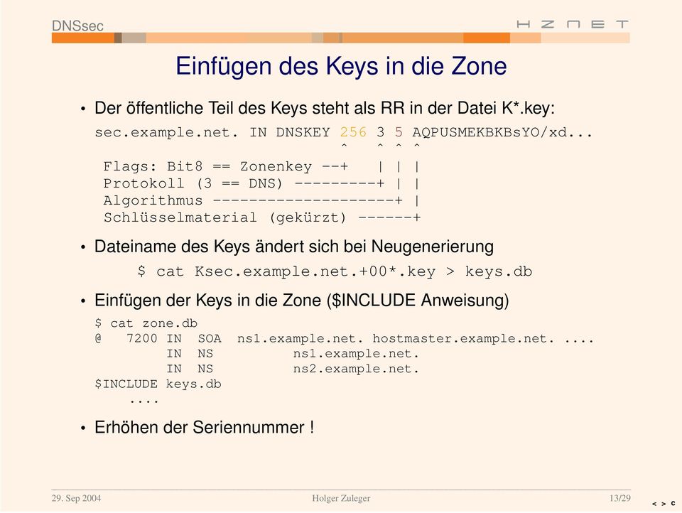 Keys änder t sich bei Neugenerier ung $ cat Ksec.example.net.+00*.key > keys.db Einfügen der Keys in die Zone ($INCLUDE Anweisung) $ cat zone.