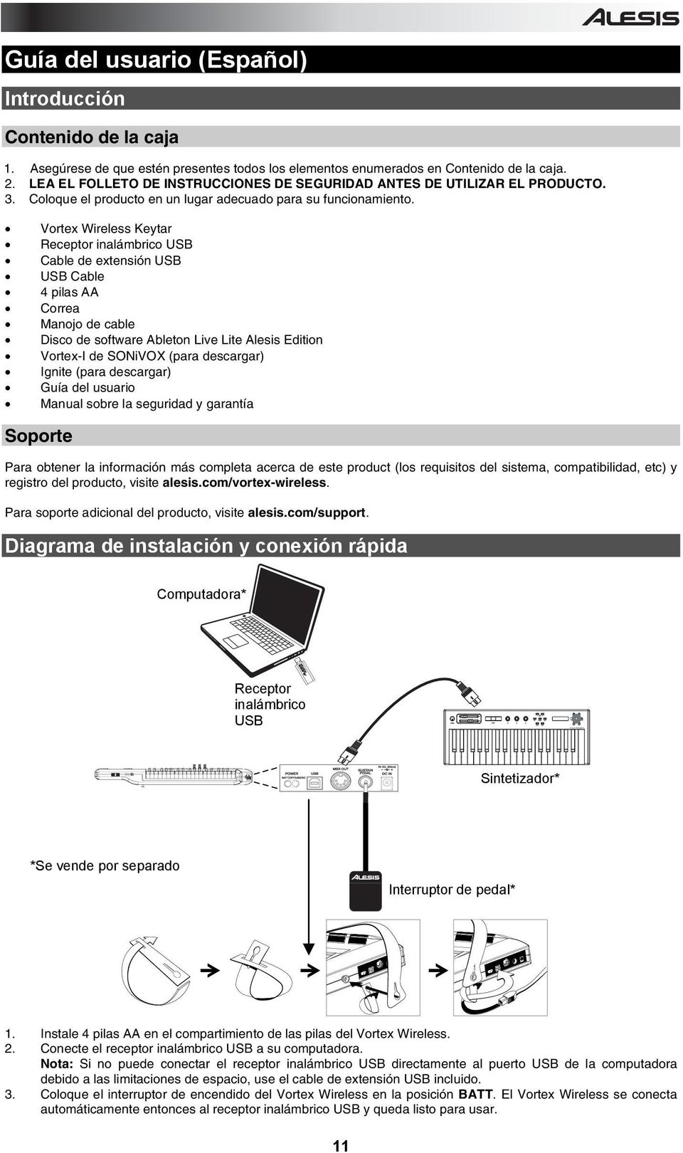 Vortex Wireless Keytar Receptor inalámbrico USB Cable de extensión USB USB Cable 4 pilas AA Correa Manojo de cable Disco de software Ableton Live Lite Alesis Edition Vortex-I de SONiVOX (para
