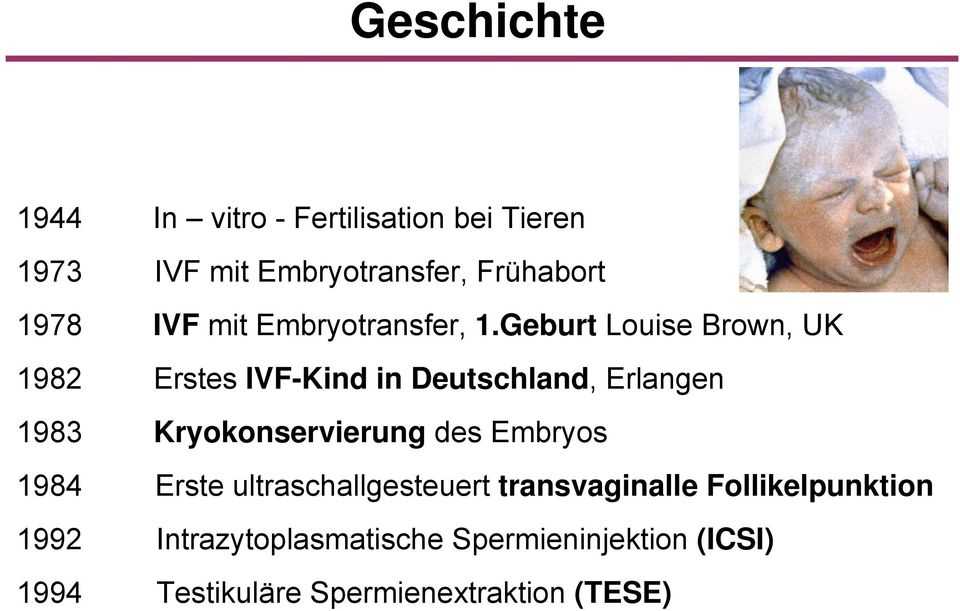 Geburt Louise Brown, UK 1982 Erstes IVF-Kind in Deutschland, Erlangen 1983 Kryokonservierung des