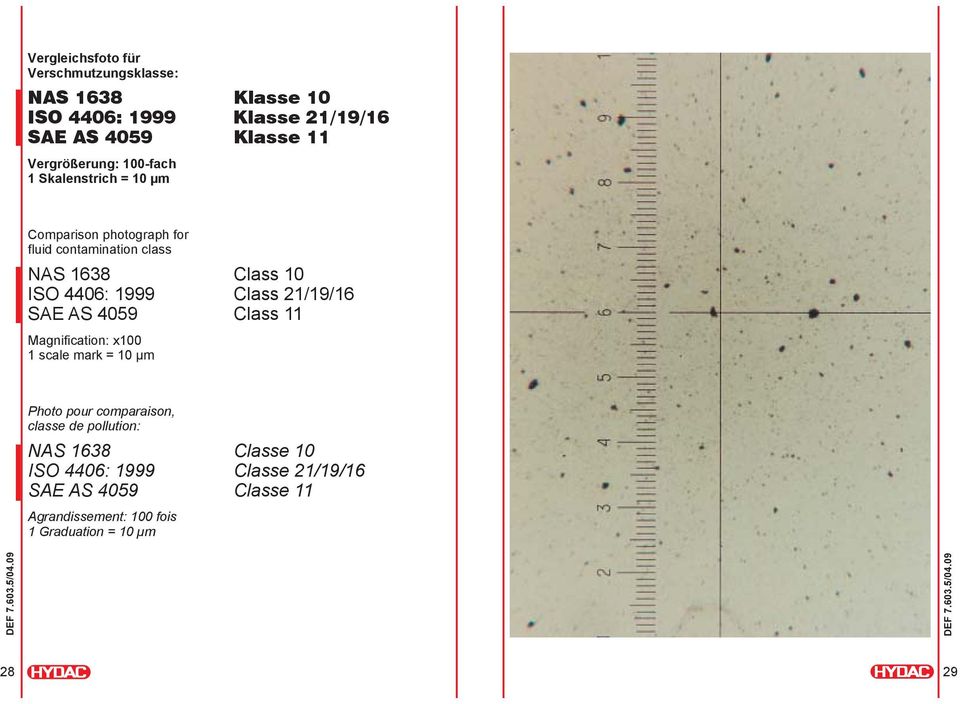 4406: 1999 Class 21/19/16 SAE AS 4059 Class 11 Magnification: x100 1 scale mark = 10 µm Photo pour comparaison, classe de