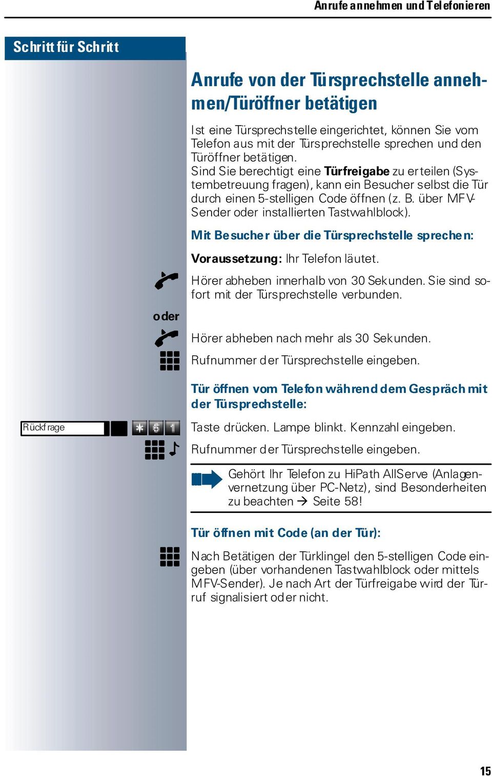 Mit Besucher über die Türsprechstelle sprechen: Voraussetzung: Ihr Telefon läutet. Hörer abheben innerhalb von 30 Sekunden. Sie sind sofort mit der Türsprechstelle verbunden.