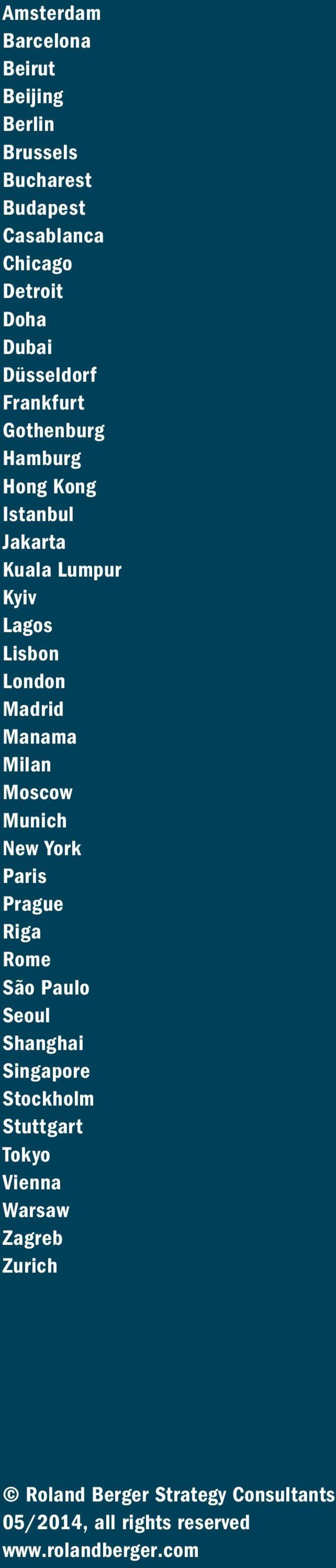 Lagos Lisbon London Madrid Manama Milan Moscow Munich New York Paris Prague Riga Rome São Paulo Seoul Shanghai Singapore