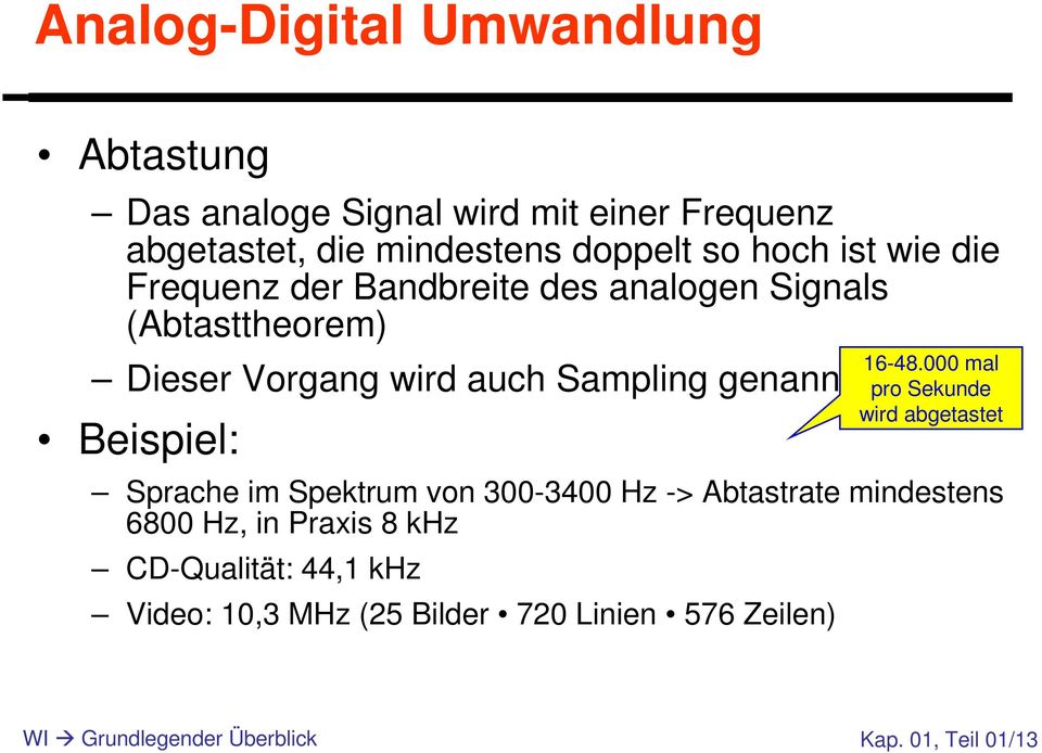 Beispiel: Sprache im Spektrum von 300-3400 Hz -> Abtastrate mindestens 6800 Hz, in Praxis 8 khz CD-Qualität: 44,1 khz