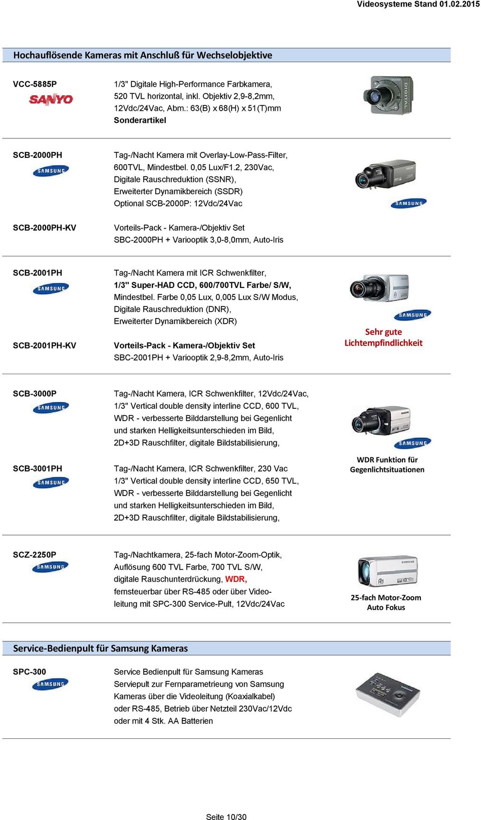 2, 230Vac, Digitale Rauschreduktion (SSNR), Erweiterter Dynamikbereich (SSDR) Optional SCB-2000P: 12Vdc/24Vac SCB-2000PH-KV Vorteils-Pack - Kamera-/Objektiv Set SBC-2000PH + Variooptik 3,0-8,0mm,