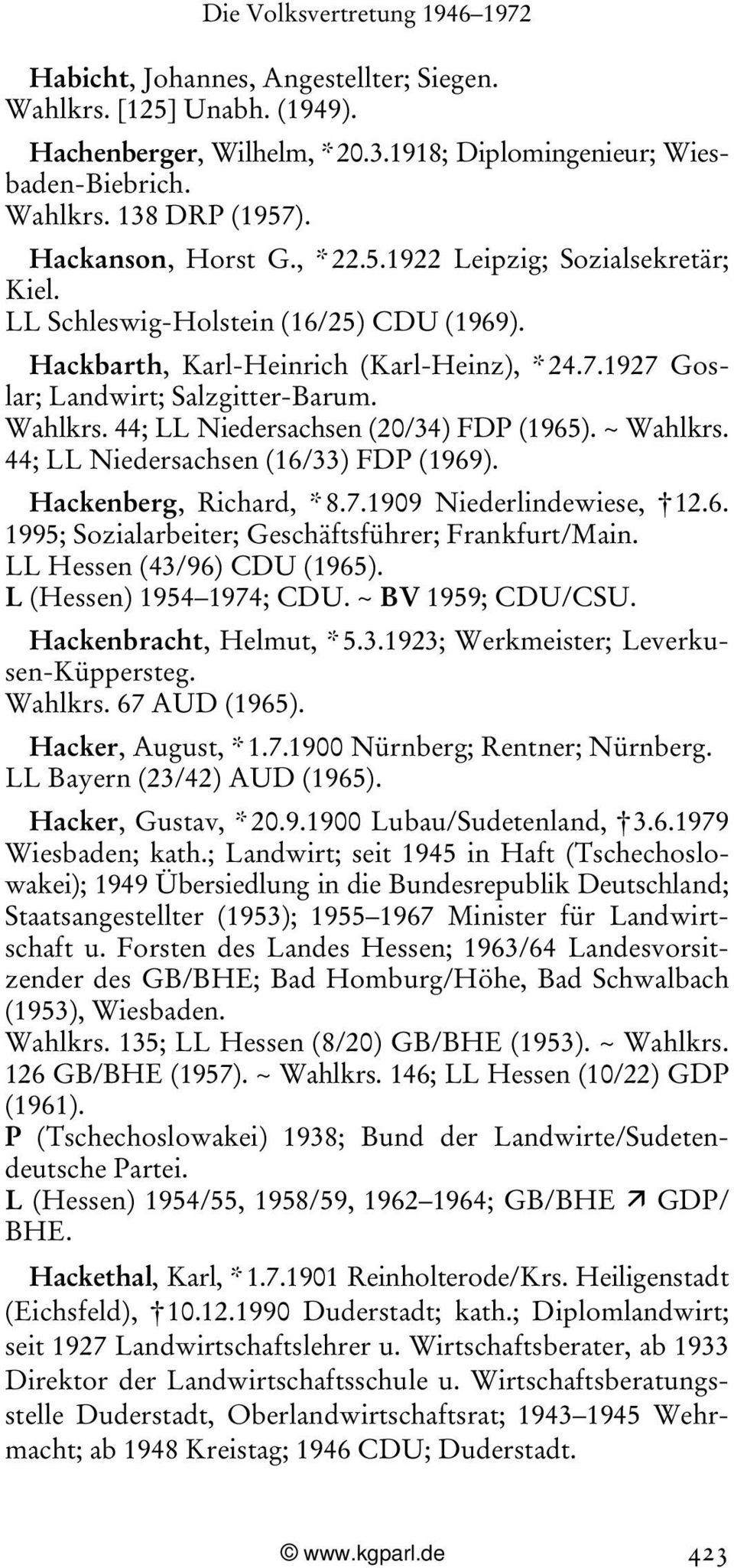 44; LL Niedersachsen (16/33) FDP (1969). Hackenberg, Richard, * 8.7.1909 Niederlindewiese, 12.6. 1995; Sozialarbeiter; Geschäftsführer; Frankfurt/Main. LL Hessen (43/96) CDU (1965).