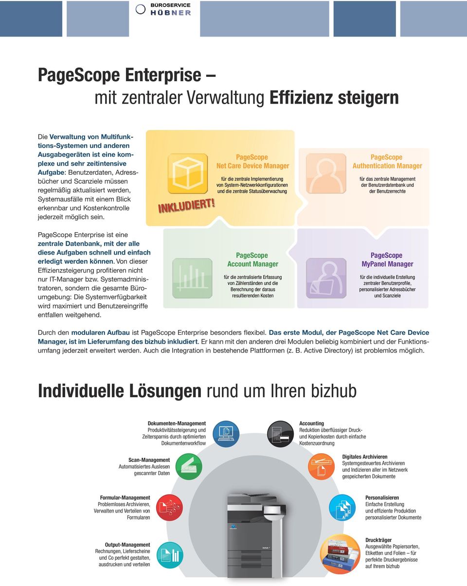 INKLUDIE T PageScope Net Care Device Manager für die zentrale Implementierung von System-Netzwerkkonfigurationen und die zentrale Statusüberwachung PageScope Authentication Manager für das zentrale