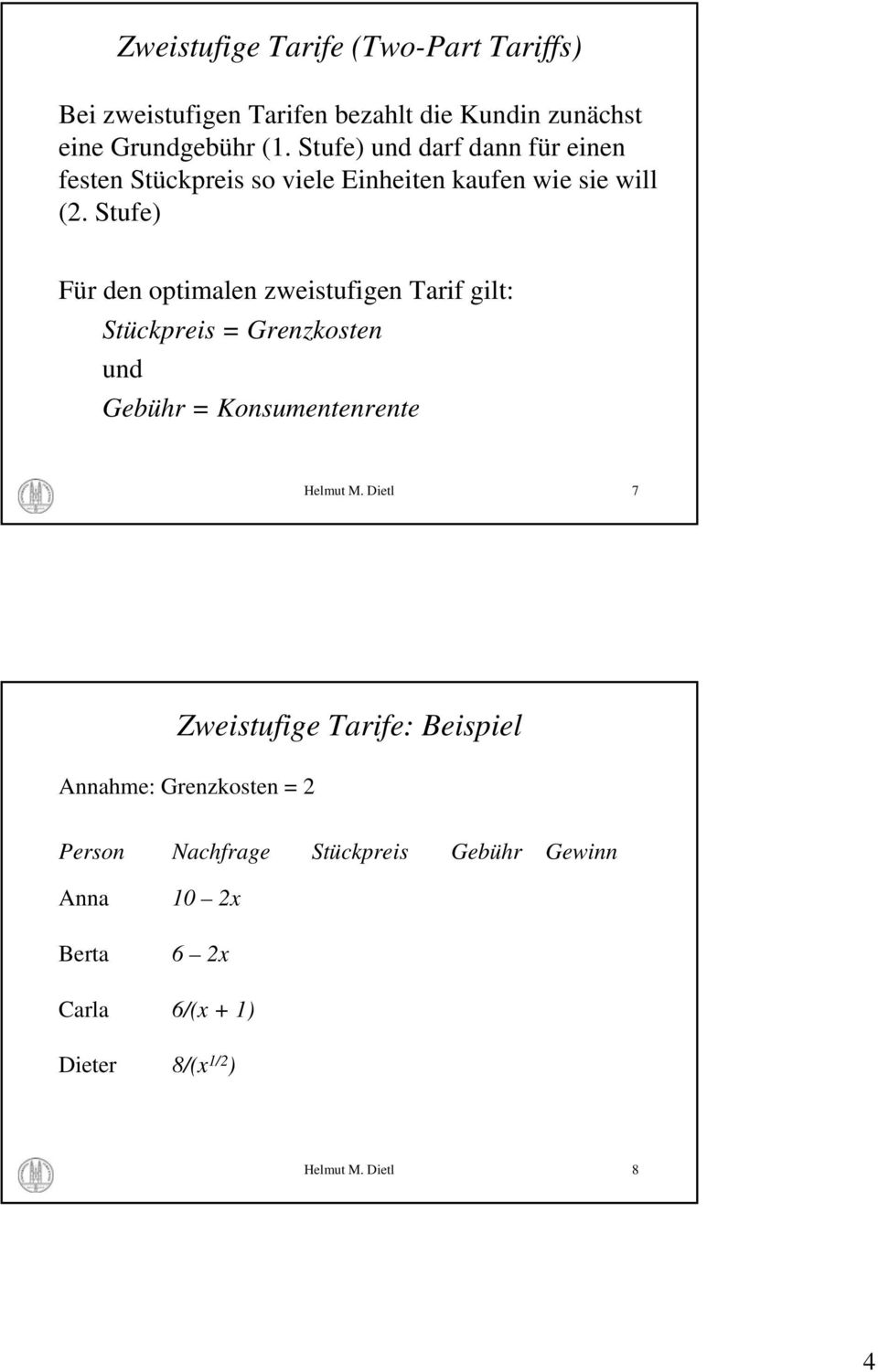 Stufe) Für den optimalen zweistufigen Tarif gilt: Stückpreis = Grenzkosten und Gebühr = Konsumentenrente Helmut M.