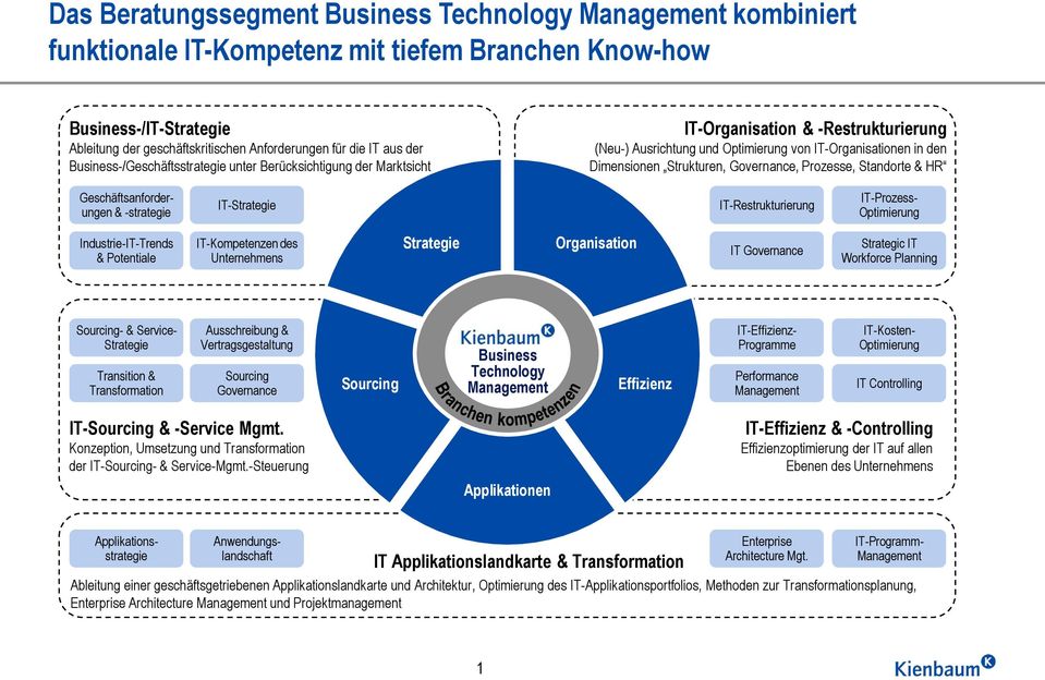 Governance, Prozesse, Standorte & HR Geschäftsanforderungen & -strategie IT-Strategie IT-Restrukturierung IT-Prozess- Optimierung Industrie-IT-Trends & Potentiale IT-Kompetenzen des Unternehmens
