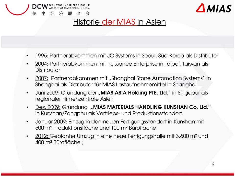 in Singapur als regionaler Firmenzentrale Asien Dez. 2009: Gründung MIAS MATERIALS HANDLING KUNSHAN Co. Ltd. in Kunshan/Zangphu als Vertriebs- und Produktionsstandort.