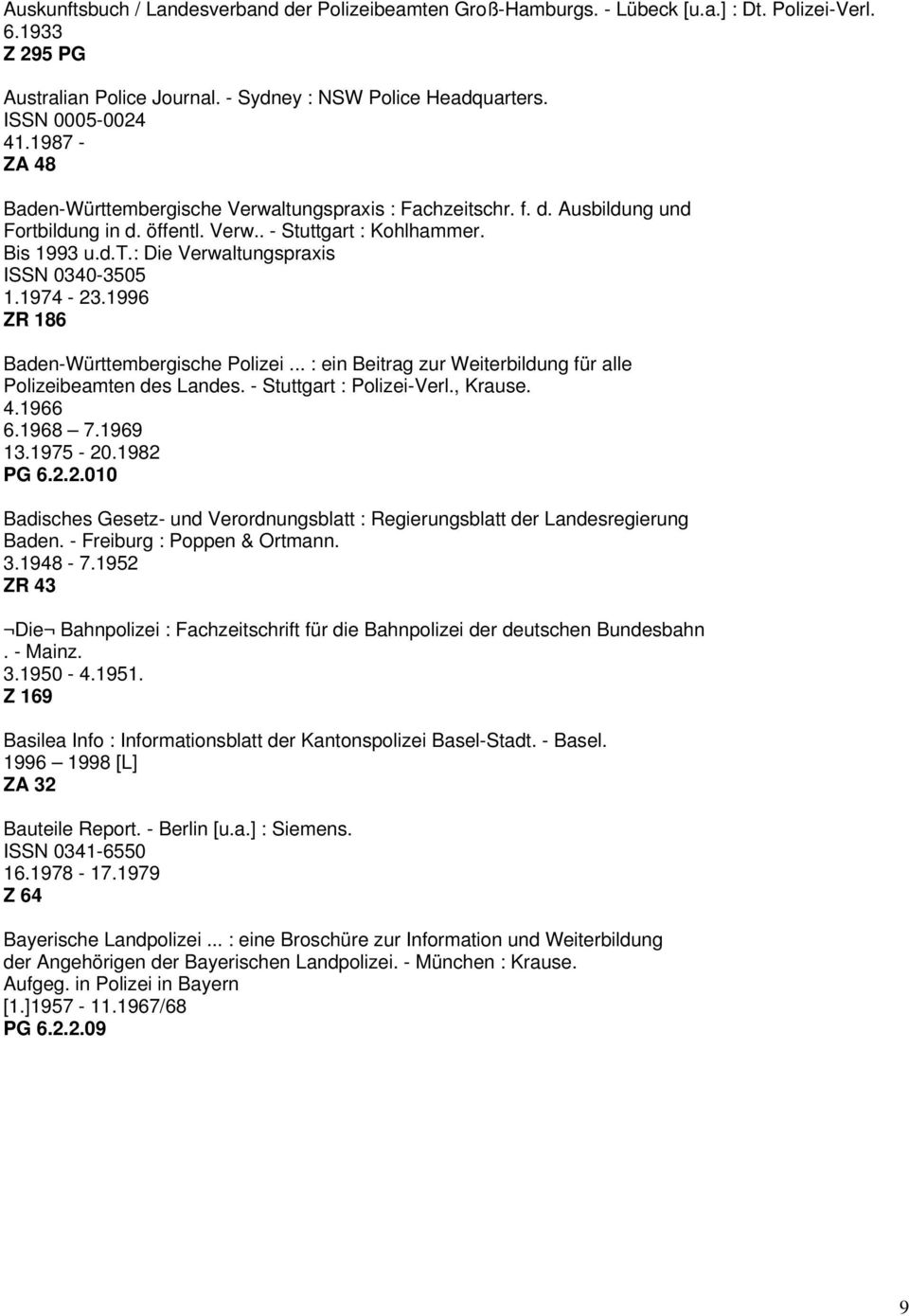 1974-23.1996 ZR 186 Baden-Württembergische Polizei... : ein Beitrag zur Weiterbildung für alle Polizeibeamten des Landes. - Stuttgart : Polizei-Verl., Krause. 4.1966 6.1968 7.1969 13.1975-20.