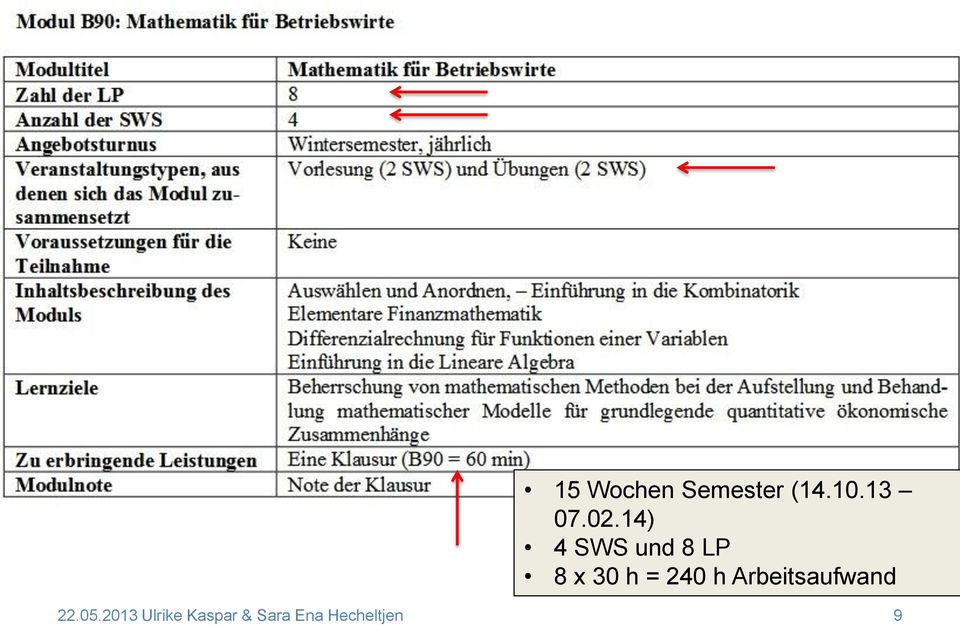 14) 4 SWS und 8 LP 8 x 30 h = 240 h