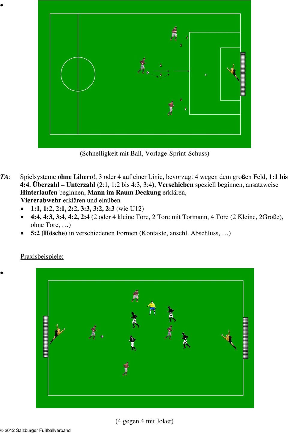 beginnen, ansatzweise Hinterlaufen beginnen, Mann im Raum Deckung erklären, Viererabwehr erklären und einüben 1:1, 1:2, 2:1, 2:2, 3:3, 3:2, 2:3