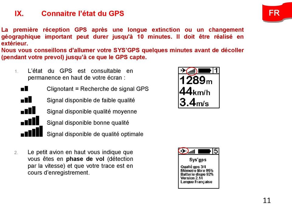 L état du GPS est consultable en permanence en haut de votre écran : Clignotant = Recherche de signal GPS Signal disponible de faible qualité Signal disponible qualité moyenne