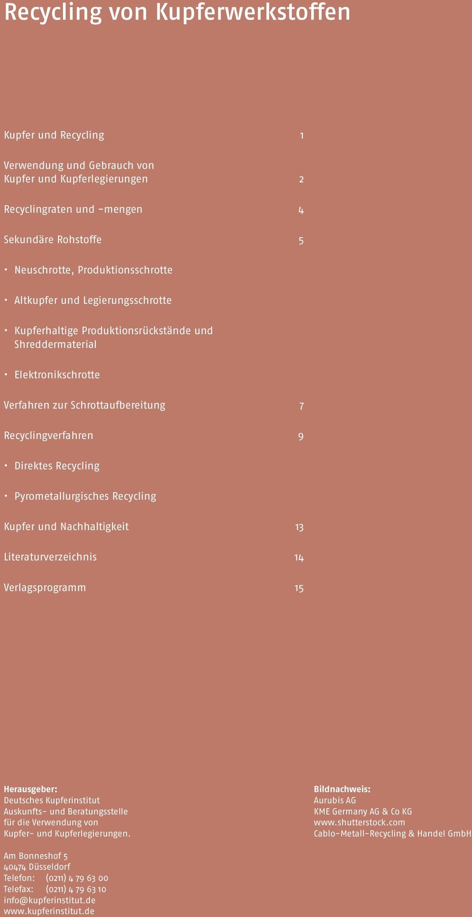 Pyrometallurgisches Recycling Kupfer und Nachhaltigkeit 13 Literaturverzeichnis 14 Verlagsprogramm 15 Herausgeber: Deutsches Kupferinstitut Auskunfts- und Beratungsstelle für die Verwendung von
