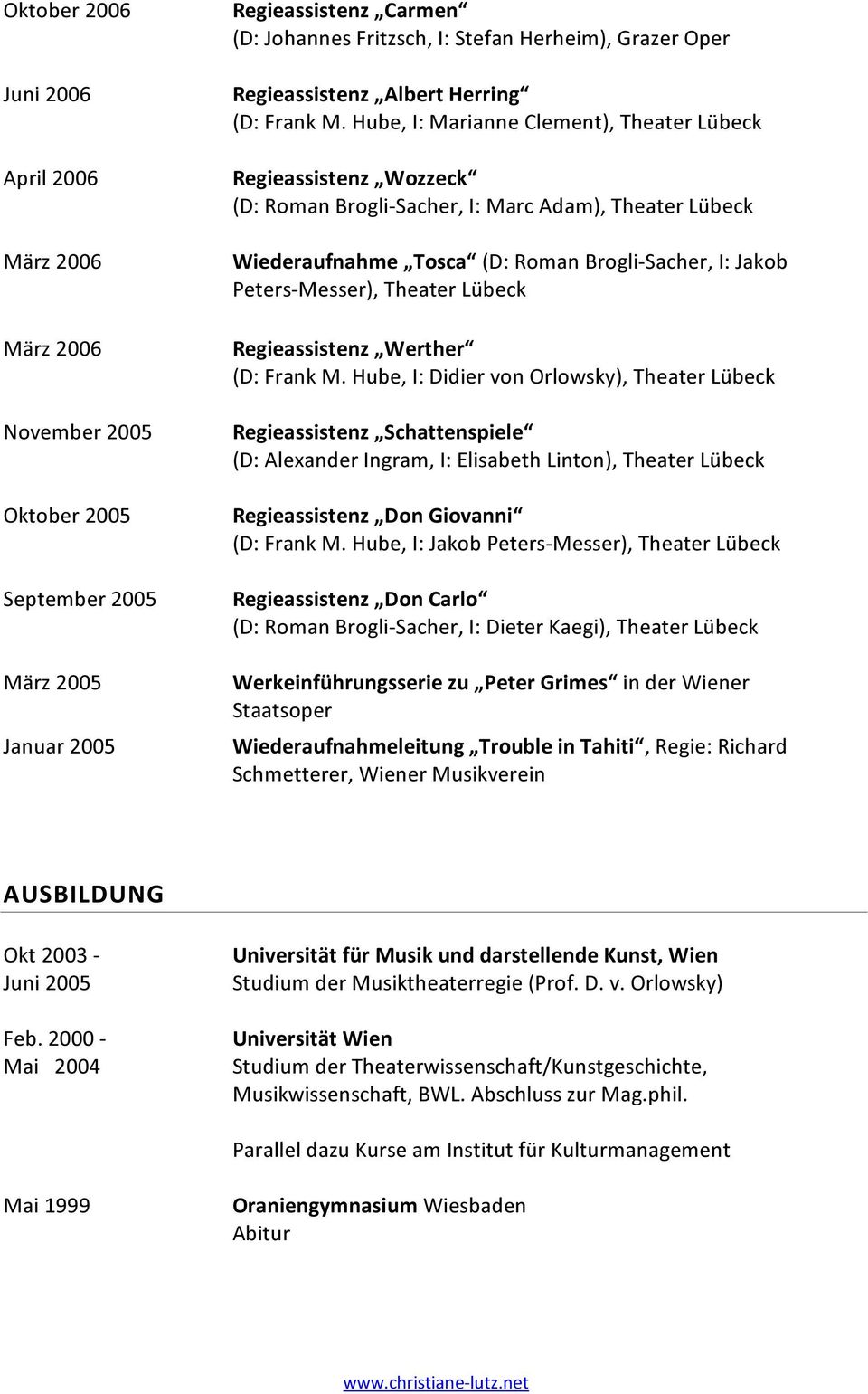 Hube, I: Marianne Clement), Theater Lübeck Regieassistenz Wozzeck (D: Roman Brogli-Sacher, I: Marc Adam), Theater Lübeck Wiederaufnahme Tosca (D: Roman Brogli-Sacher, I: Jakob Peters-Messer), Theater