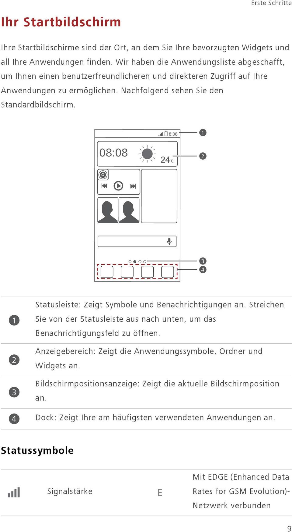 1 2 3 4 1 2 3 4 Statusleiste: Zeigt Symbole und Benachrichtigungen an. Streichen Sie von der Statusleiste aus nach unten, um das Benachrichtigungsfeld zu öffnen.