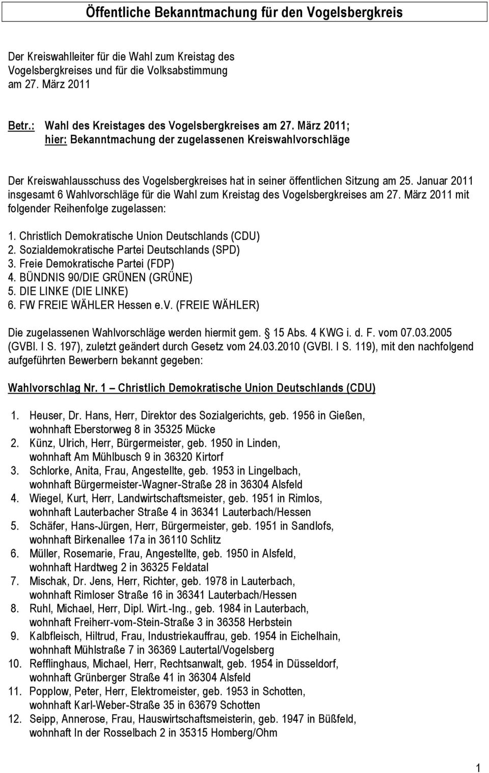 März 2011; hier: Bekanntmachung der zugelassenen Kreiswahlvorschläge Der Kreiswahlausschuss des Vogelsbergkreises hat in seiner öffentlichen Sitzung am 25.