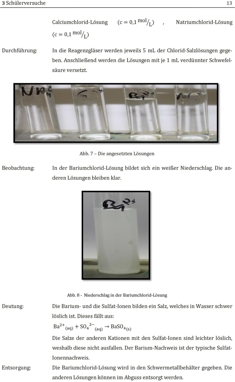 Die anderen Lösungen bleiben klar. Abb. 8 - Niederschlag in der Bariumchlorid-Lösung Deutung: Die Barium- und die Sulfat-Ionen bilden ein Salz, welches in Wasser schwer löslich ist.
