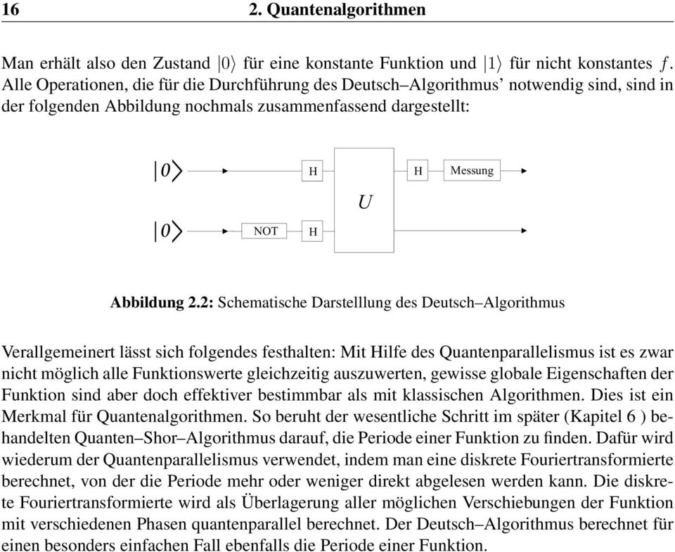2: Schematische Darstelllung des Deutsch Algorithmus Verallgemeinert lässt sich folgendes festhalten: Mit Hilfe des Quantenparallelismus ist es zwar nicht möglich alle Funktionswerte gleichzeitig