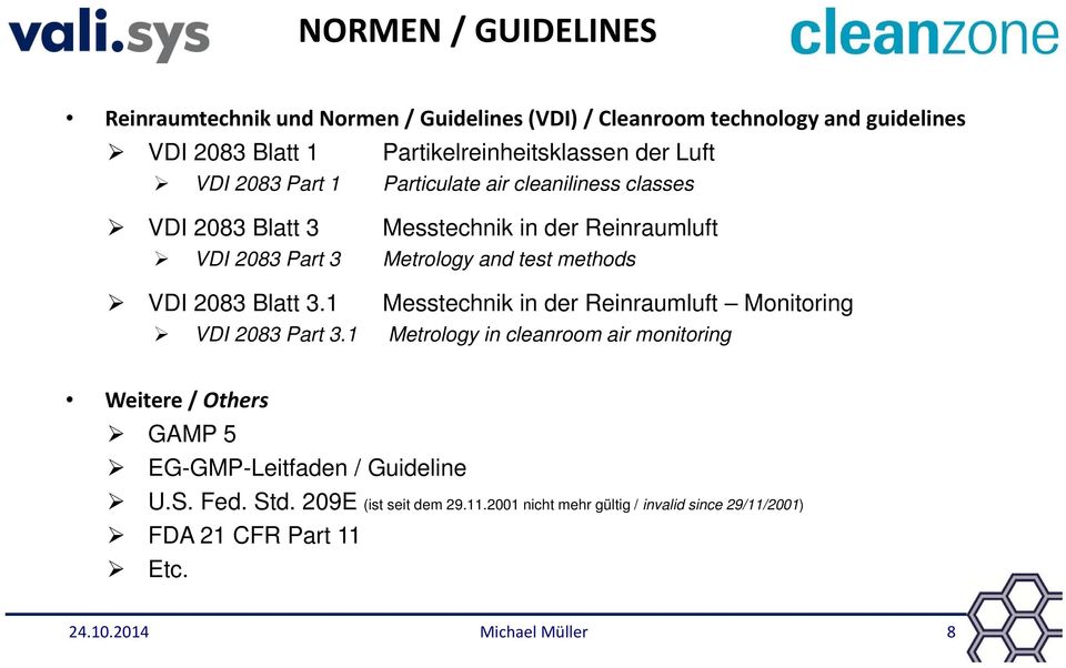 2083 Blatt 3.1 Messtechnik in der Reinraumluft Monitoring VDI 2083 Part 3.