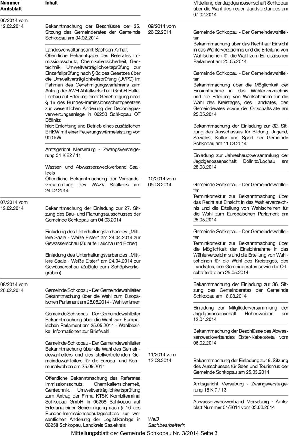 2014 Landesverwaltungsamt Sachsen-Anhalt Öffentliche Bekanntgabe des Referates Immissionsschutz, Chemikaliensicherheit, Gentechnik, Umweltverträglichkeitsprüfung zur Einzelfallprüfung nach 3c des