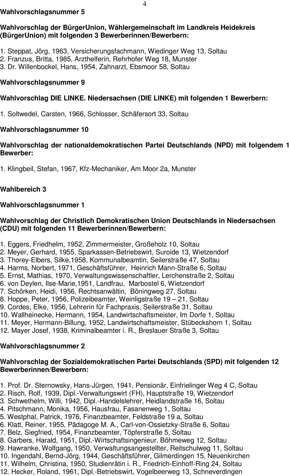 Willenbockel, Hans, 1954, Zahnarzt, Ebsmoor 58, Soltau Wahlvorschlag DIE LINKE. Niedersachsen (DIE LINKE) mit folgenden 1 Bewerbern: 1.