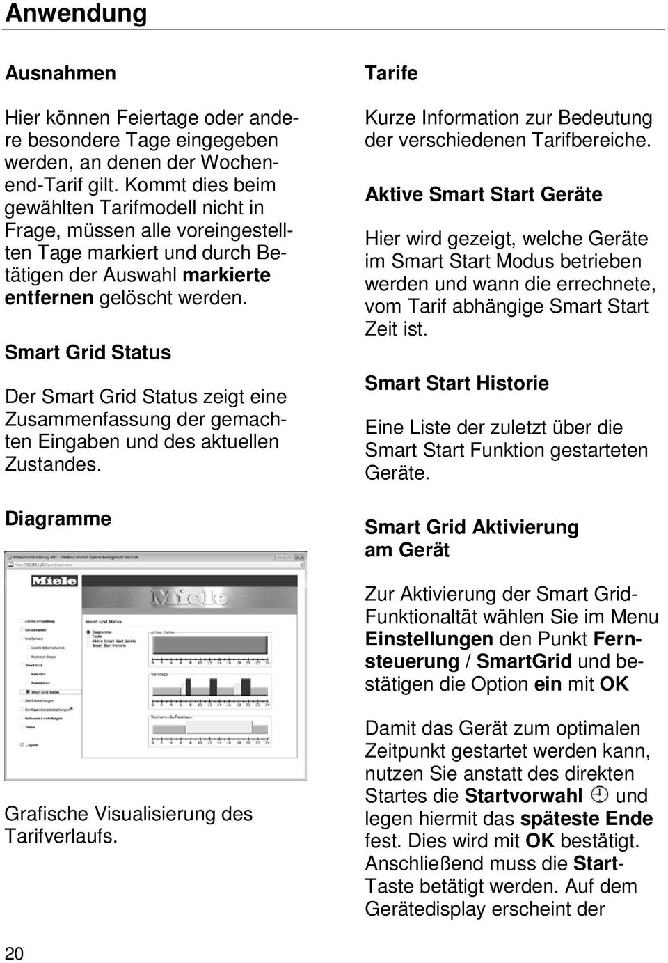 Smart Grid Status Der Smart Grid Status zeigt eine Zusammenfassung der gemachten Eingaben und des aktuellen Zustandes. Diagramme Tarife Kurze Information zur Bedeutung der verschiedenen Tarifbereiche.