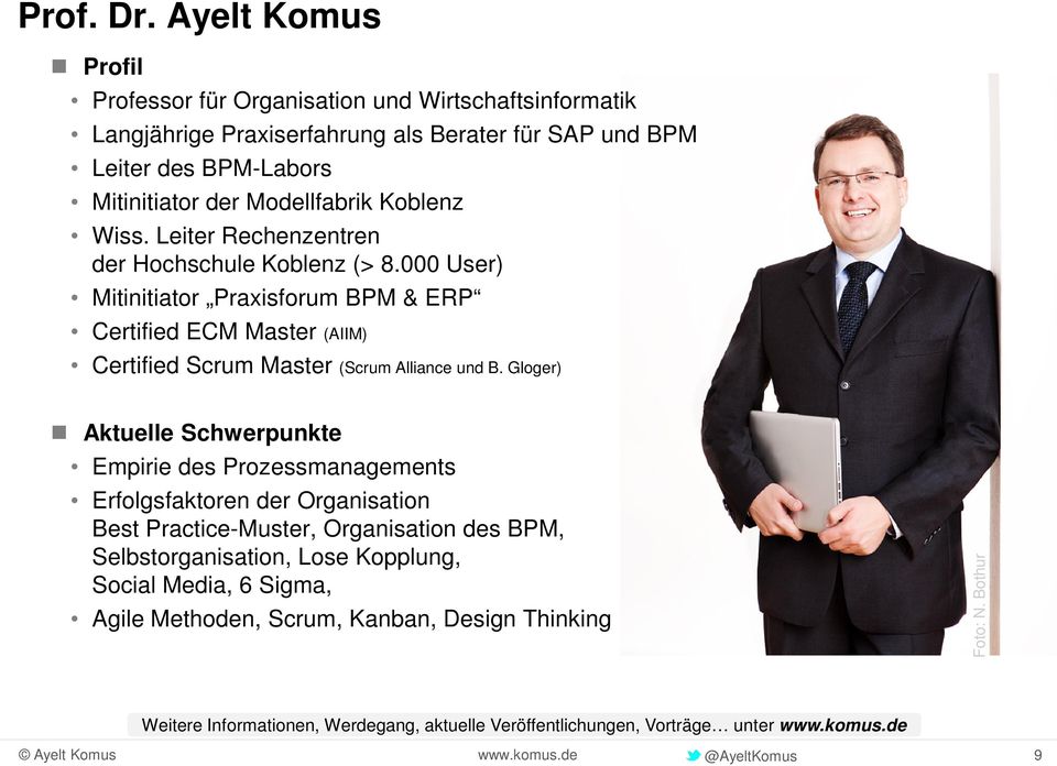 Koblenz Wiss. Leiter Rechenzentren der Hochschule Koblenz (> 8.000 User) Mitinitiator Praxisforum BPM & ERP Certified ECM Master (AIIM) Certified Scrum Master (Scrum Alliance und B.