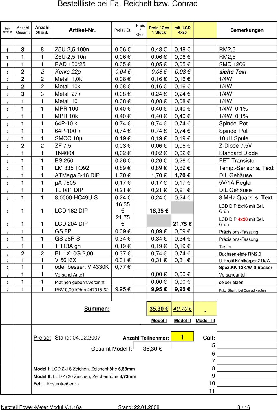 siehe Text 1 2 2 Metall 1,0k 0,08 0,16 0,16 1/4W 1 2 2 Metall 10k 0,08 0,16 0,16 1/4W 1 3 3 Metall 27k 0,08 0,24 0,24 1/4W 1 1 1 Metall 10 0,08 0,08 0,08 1/4W 1 1 1 MPR 100 0,40 0,40 0,40 1/4W 0,1% 1