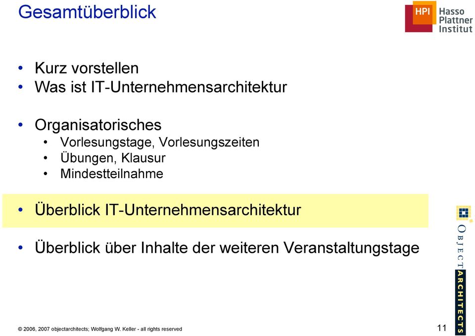 Mindestteilnahme Überblick IT-Unternehmensarchitektur Überblick über Inhalte