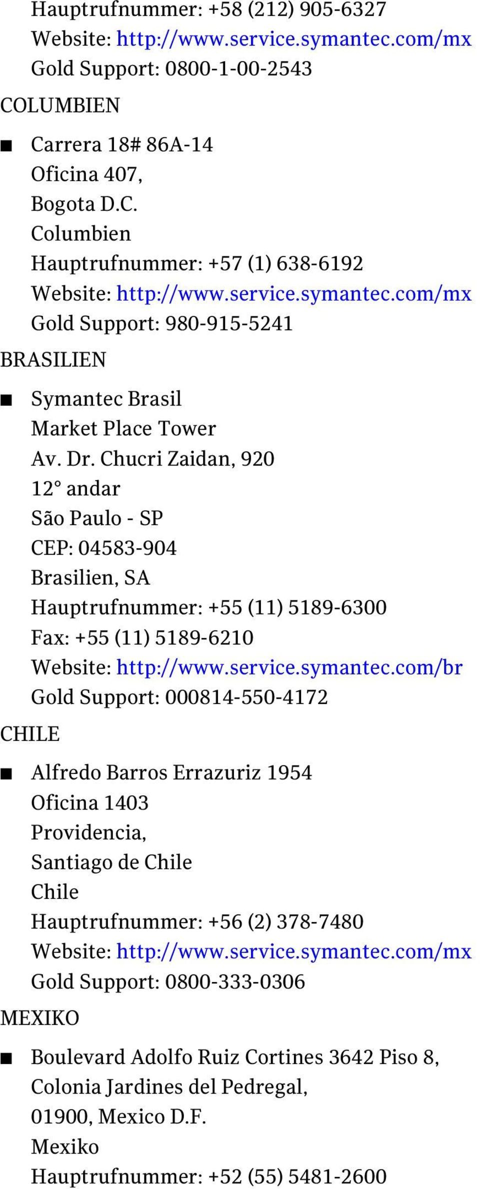Chucri Zaidan, 920 12 andar São Paulo - SP CEP: 04583-904 Brasilien, SA Hauptrufnummer: +55 (11) 5189-6300 Fax: +55 (11) 5189-6210 Website: http://www.service.symantec.