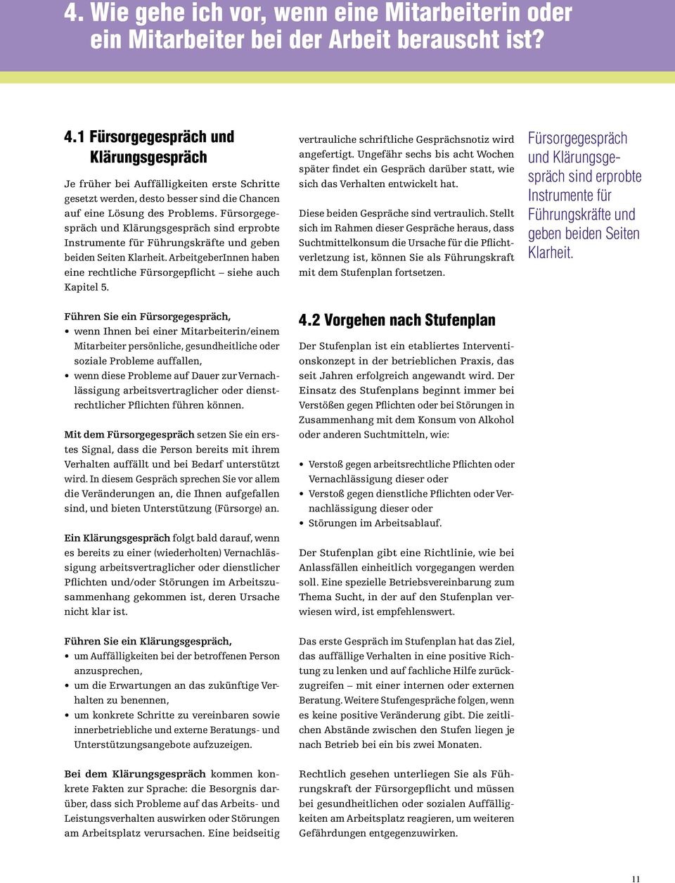 Fürsorgegespräch und Klärungsgespräch sind erprobte Instrumente für Führungskräfte und geben beiden Seiten Klarheit. ArbeitgeberInnen haben eine rechtliche Fürsorgepflicht siehe auch Kapitel 5.