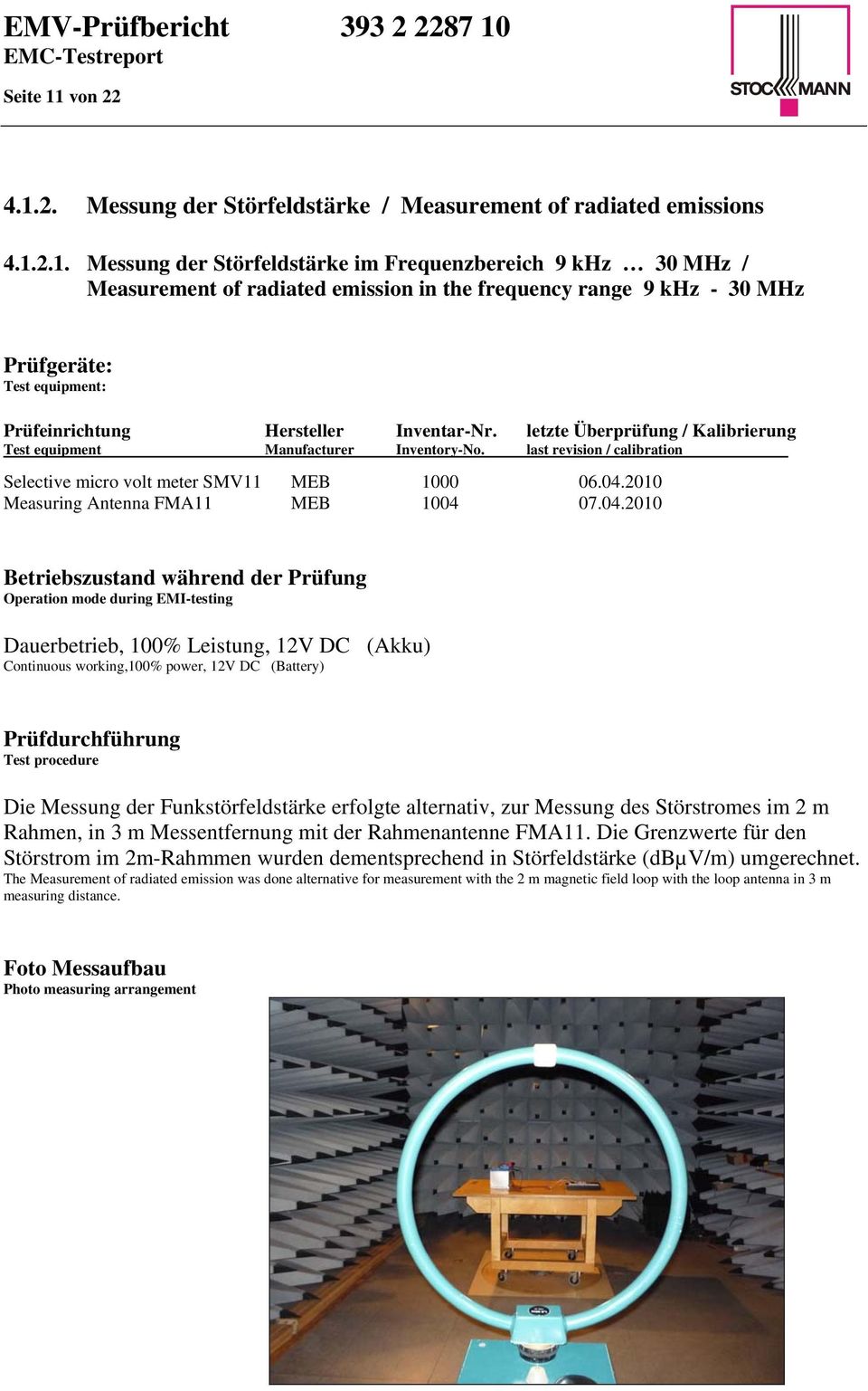 2. Messung der Störfeldstärke / Measurement of radiated emissions 4.1.