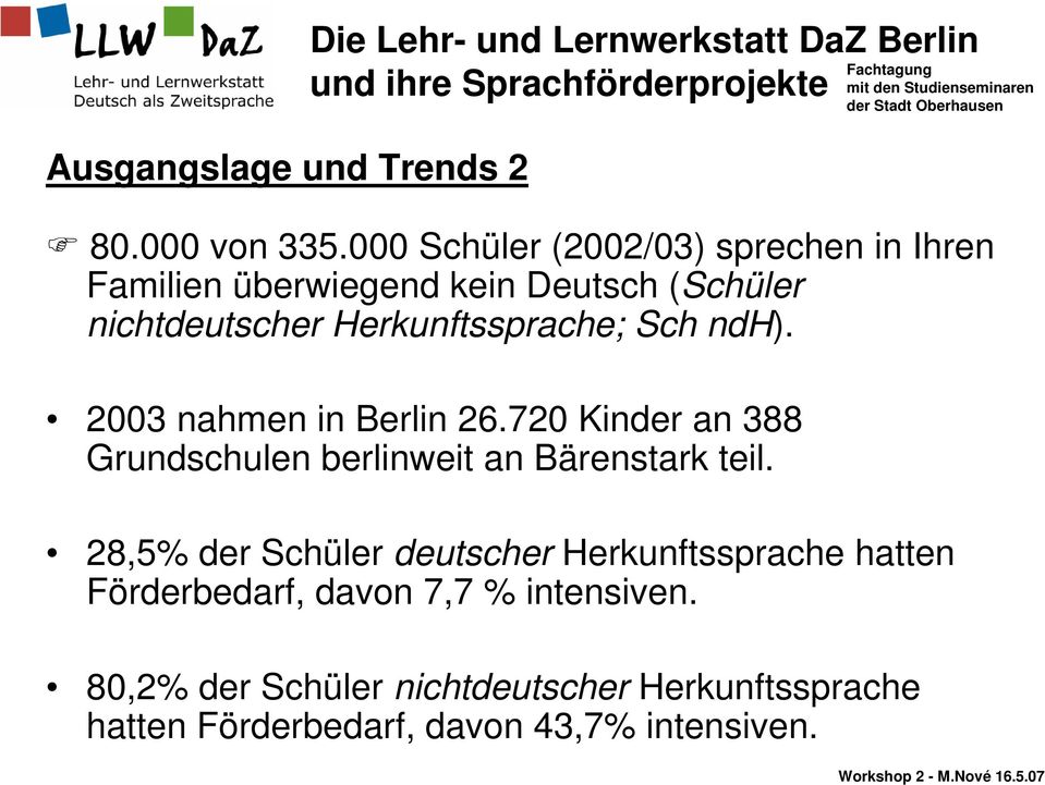 ndh). 2003 nahmen in Berlin 26.720 Kinder an 388 Grundschulen berlinweit an Bärenstark teil.
