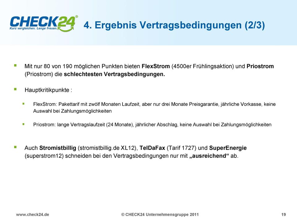 Hauptkritikpunkte : FlexStrom: Pakettarif mit zwölf Monaten Laufzeit, aber nur drei Monate Preisgarantie, jährliche Vorkasse, keine Auswahl bei