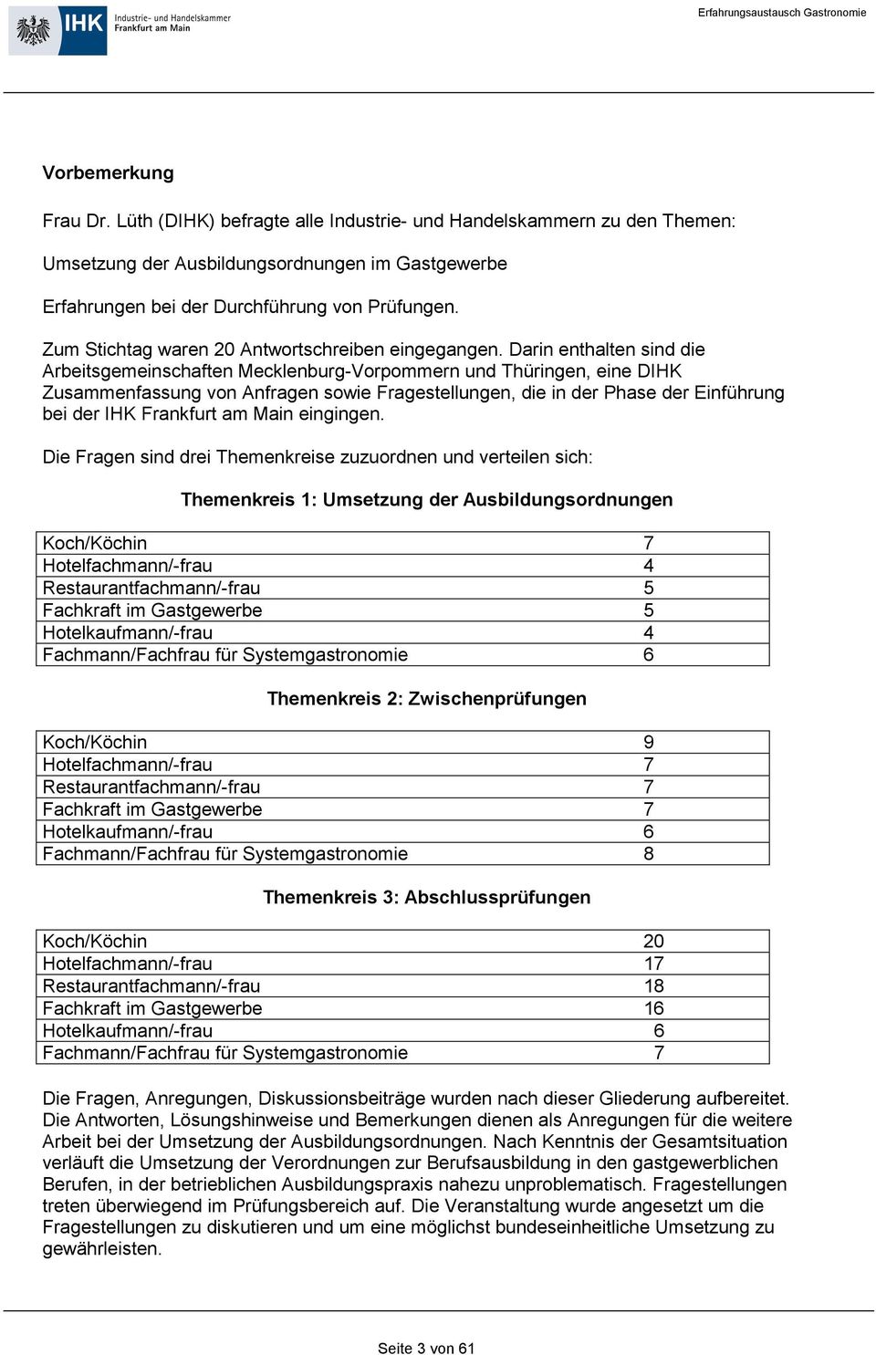 Darin enthalten sind die Arbeitsgemeinschaften Mecklenburg-Vorpommern und Thüringen, eine DIHK Zusammenfassung von Anfragen sowie Fragestellungen, die in der Phase der Einführung bei der IHK