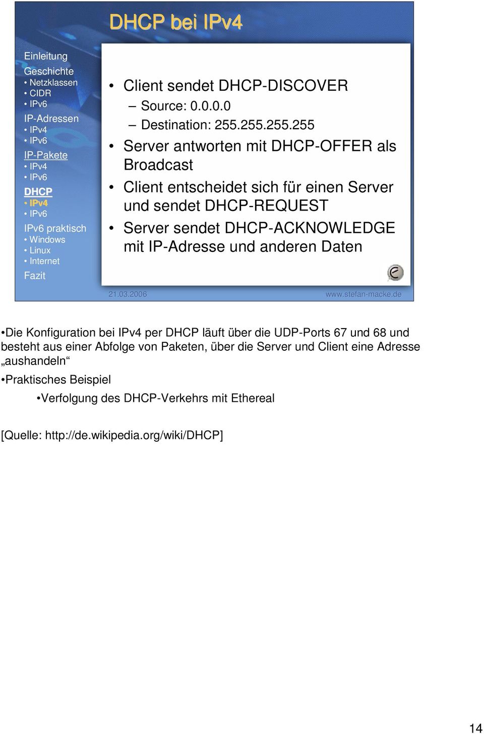 sendet -ACKNOWLEDGE mit IP-Adresse und anderen Daten 14 Die Konfiguration bei IPv4 per läuft über die UDP-Ports 67 und 68 und