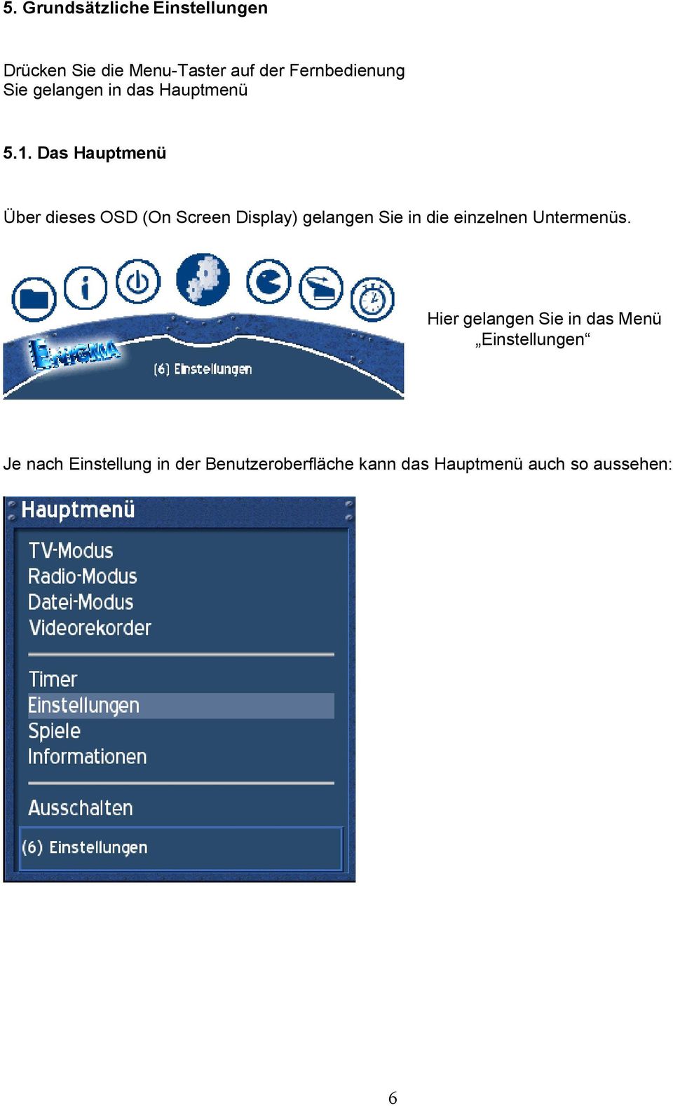 Das Hauptmenü Über dieses OSD (On Screen Display) gelangen Sie in die einzelnen