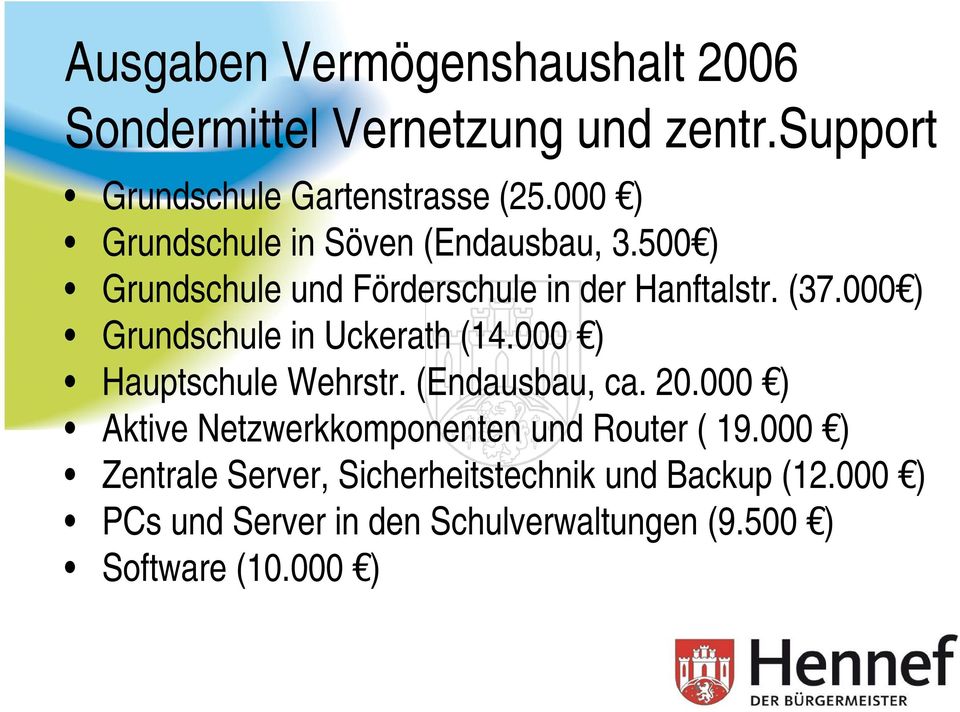 000 ) Grundschule in Uckerath (14.000 ) Hauptschule Wehrstr. (Endausbau, ca. 20.