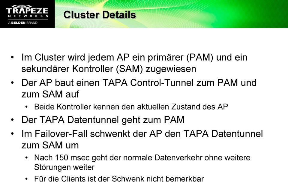 Der TAPA Datentunnel geht zum PAM Im Failover-Fall schwenkt der AP den TAPA Datentunnel zum SAM um Nach 150