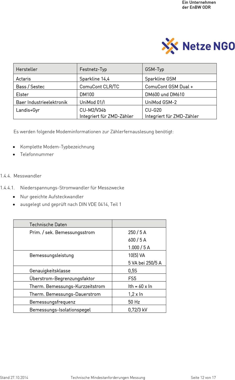 4.4. Messwandler 1.4.4.1. Niederspannungs-Stromwandler für Messzwecke Nur geeichte Aufsteckwandler ausgelegt und geprüft nach DIN VDE 0414, Teil 1 Technische Daten Prim. / sek.