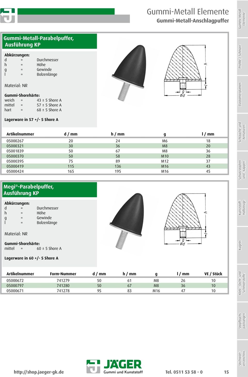 67 M8 36 05000370 50 58 M10 28 05000395 75 89 M12 37 05000419 115 136 M16 43 05000424 165 195 M16 45 Profile / Schnüre Elastomerplatten Schläuche und Armaturen Schutzstopfen und -kappen Megi