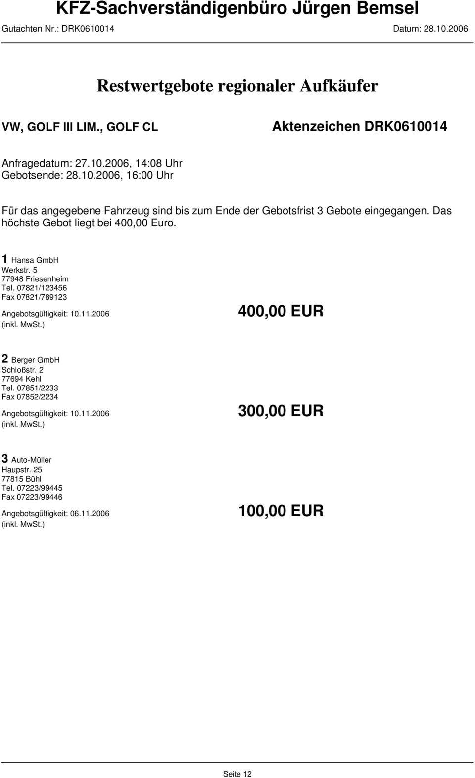 Das höchste Gebot liegt bei 400,00 Euro. 1 Hansa GmbH Werkstr. 5 77948 Friesenheim Tel. 07821/123456 Fax 07821/789123 Angebotsgültigkeit: 10.11.2006 (inkl. MwSt.