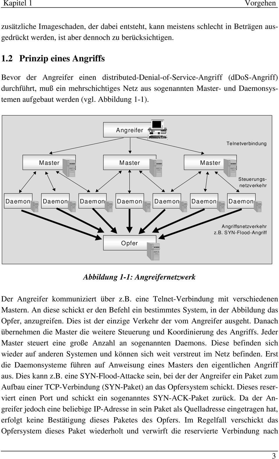 werden (vgl. Abbildung 1-1). Angreifer Telnetverbindung Master Master Master Steuerungsnetzverkehr Daemon Daemon Daemon Daemon Daemon Daemon Daemon Angriffsnetzverkehr z.b. SYN-Flood-Angriff Opfer Abbildung 1-1: Angreifernetzwerk Der Angreifer kommuniziert über z.