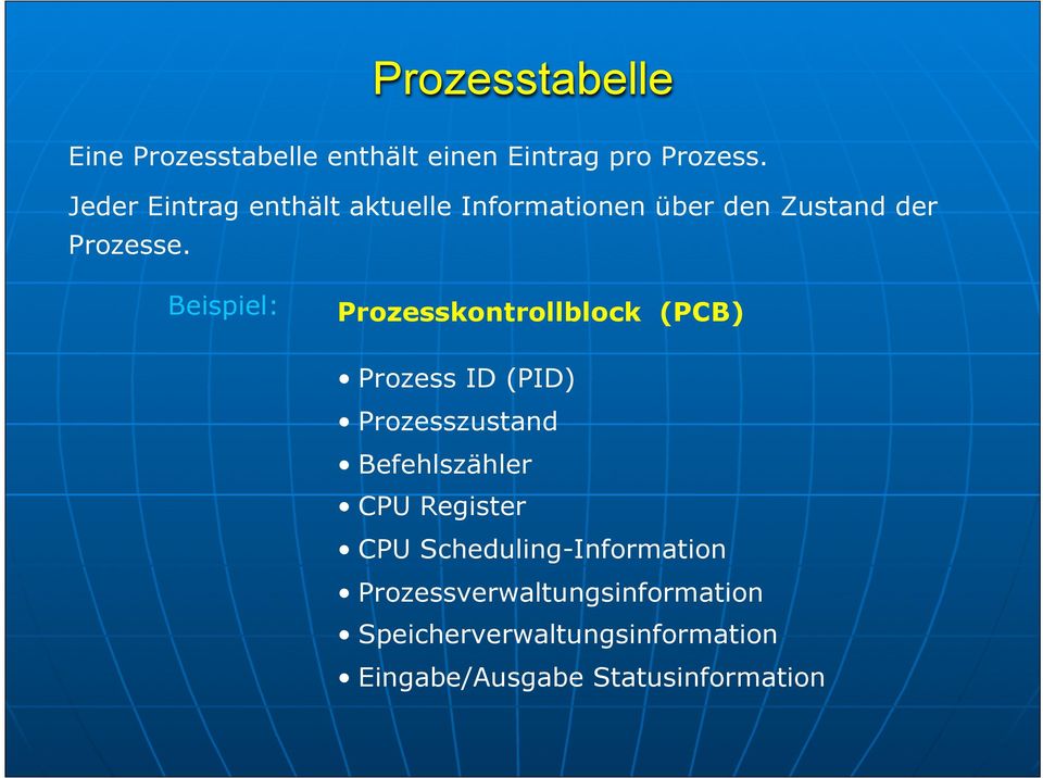 Beispiel: Prozesskontrollblock (PCB) Prozess ID (PID) Prozesszustand Befehlszähler CPU