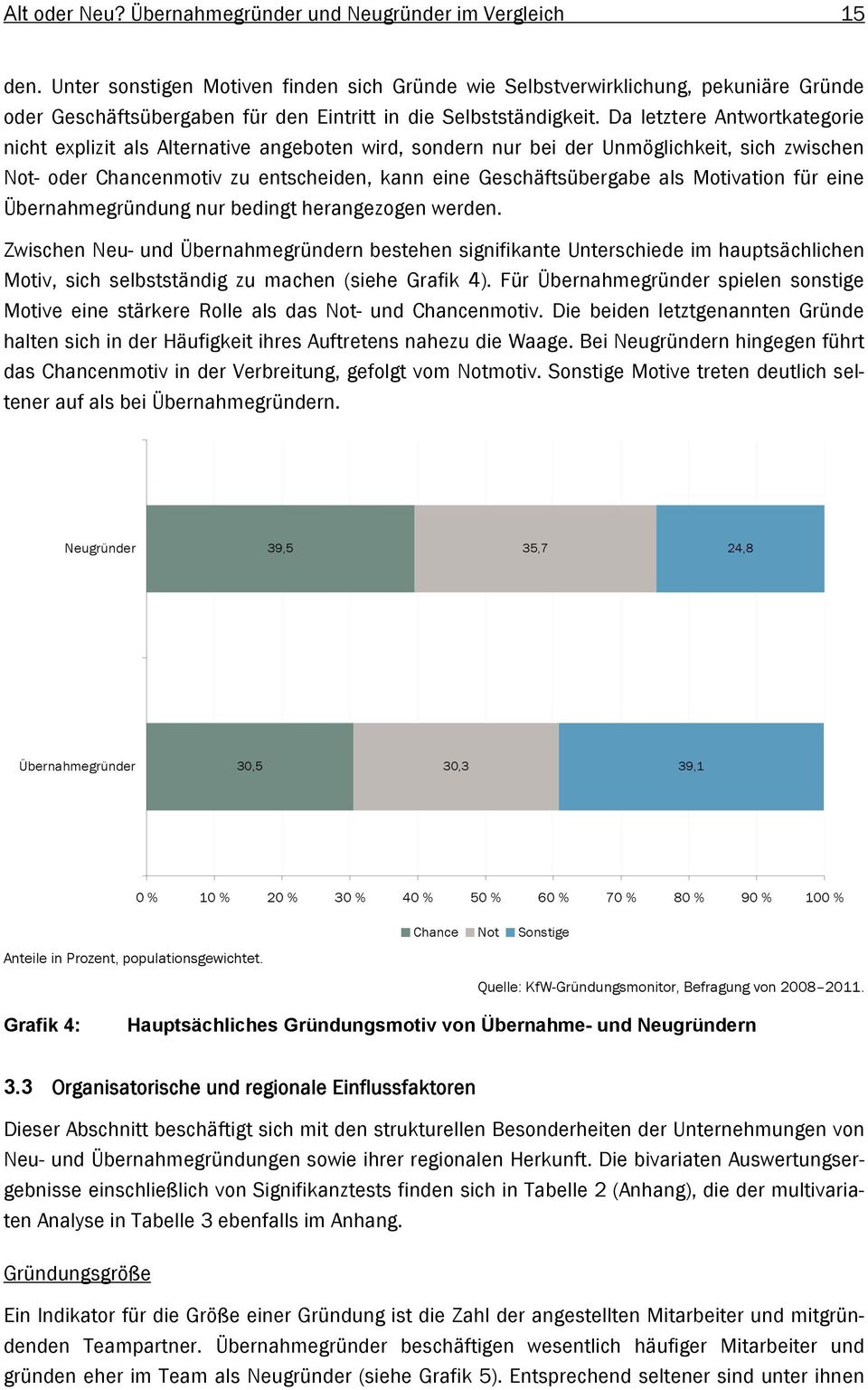 Da letztere Antwortkategorie nicht explizit als Alternative angeboten wird, sondern nur bei der Unmöglichkeit, sich zwischen Not- oder Chancenmotiv zu entscheiden, kann eine Geschäftsübergabe als